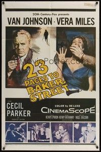 5m019 23 PACES TO BAKER STREET 1sh '56 cool artwork of Van Johnson & scared Vera Miles!