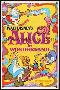 5m036 ALICE IN WONDERLAND 1sh R74 Walt Disney Lewis Carroll classic, cool psychedelic art!