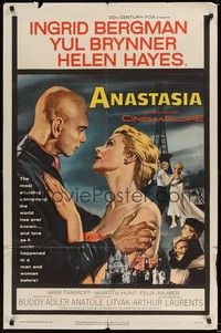 5m045 ANASTASIA 1sh '56 great romantic close up of Ingrid Bergman & Yul Brynner!