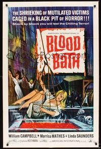 5m119 BLOOD BATH 1sh '66 art of sexy shrieking girl being lowered into a pit of horror!