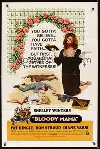 5m124 BLOODY MAMA 1sh '70 Roger Corman, AIP, crazy Shelley Winters w/Bible and tommy gun!
