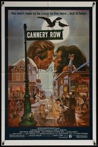 5m167 CANNERY ROW 1sh '82 cool art of Nick Nolte about to kiss Debra Winger by John Solie!