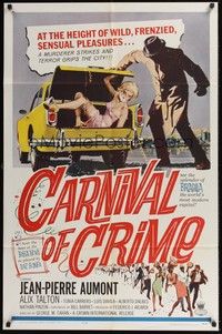 5m170 CARNIVAL OF CRIME 1sh '64 wild art of murderer putting tied up girl into car trunk!