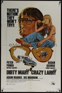5m257 DIRTY MARY CRAZY LARRY 1sh '74 art of Peter Fonda & sexy Susan George sucking on popsicle!