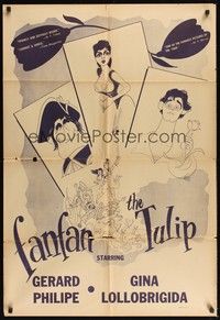 5m303 FANFAN THE TULIP 1sh '53 wacky art of Gerard Philipe & sexy Gina Lollobrigida by Hirschfeld!