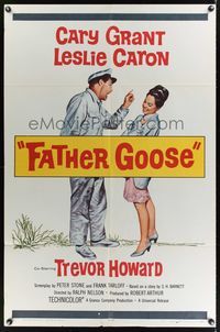 5m305 FATHER GOOSE 1sh '65 art of sea captain Cary Grant yelling at pretty Leslie Caron!