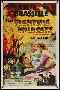 5m310 FIGHTING WILDCATS 1sh '57 art of Keefe Brasselle romancing Kay Callard + oil field on fire!