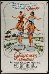 5m346 GIDGET GOES HAWAIIAN 1sh '61 best image of two guys surfing with girls on their shoulders!
