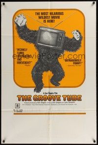 5m369 GROOVE TUBE 1sh '74 Chevy Chase, like TV's SNL, wild image of gorilla with television head!
