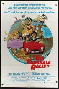 5m372 GUMBALL RALLY style A 1sh '76 Michael Sarrazin, wacky art of car racing around the world!