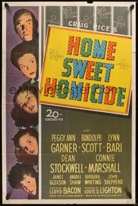 5m406 HOME SWEET HOMICIDE 1sh '46 Randolph Scott, Peggy Ann Garner, Lynn Bari, cool title design!
