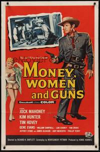 5m559 MONEY, WOMEN & GUNS 1sh '58 cowboy Jock Mahoney w/revolver, cool poker gambling image!
