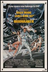5m007 MOONRAKER 1sh '79 art of Roger Moore as James Bond & sexy space babes by Gouzee!