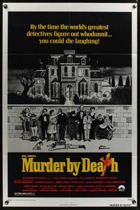 5m568 MURDER BY DEATH 1sh '76 great Charles Addams artwork of cast by dead body & spooky house!