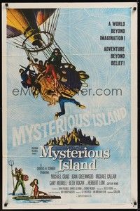 5m581 MYSTERIOUS ISLAND 1sh '61 Ray Harryhausen, Jules Verne sci-fi, cool hot-air balloon art!