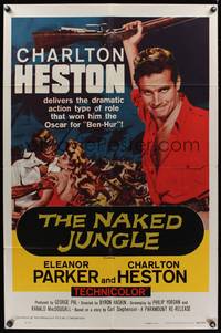 5m583 NAKED JUNGLE 1sh R60 romantic close up of Charlton Heston & Eleanor Parker, George Pal!