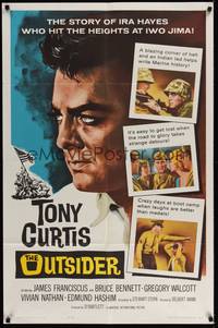 5m626 OUTSIDER 1sh '62 great close up art of Tony Curtis as Ira Hayes of Iwo Jima fame!