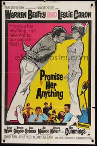 5m656 PROMISE HER ANYTHING 1sh '66 art of Warren Beatty w/fingers crossed & pretty Leslie Caron!