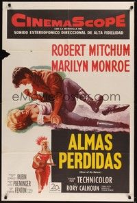 5m687 RIVER OF NO RETURN Spanish/U.S. 1sh '54 great art of Robert Mitchum holding down Marilyn Monroe!