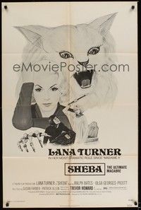 5m728 SHEBA 1sh '74 Persecution, cool artwork of Lana Turner & giant angry cat!