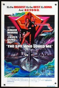 5m006 SPY WHO LOVED ME 1sh '77 cool artwork of Roger Moore as James Bond by Bob Peak!