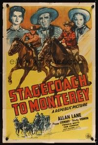 5m769 STAGECOACH TO MONTEREY 1sh '44 artwork of Allan Rocky Lane on horse, Peggy Stewart!