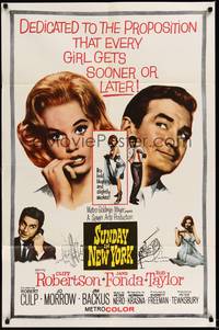 5m797 SUNDAY IN NEW YORK 1sh '64 art of Rod Taylor propositioning sexy Jane Fonda!