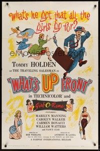 5m955 WHAT'S UP FRONT 1sh '64 Tommy Holden as traveling bra salesman!