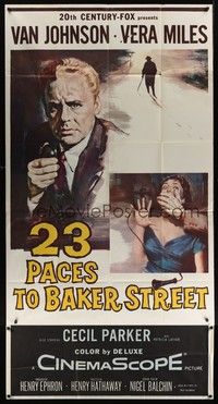 5p391 23 PACES TO BAKER STREET 3sh '56 cool artwork of Van Johnson & scared Vera Miles!