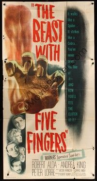5p416 BEAST WITH FIVE FINGERS 3sh '47 Peter Lorre, cool reaching hand horror artwork!