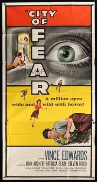5p450 CITY OF FEAR 3sh '59 crazy Vince Edwards, cool different close up eye artwork!