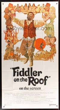 5p492 FIDDLER ON THE ROOF 3sh '71 cool artwork of Topol & cast by Ted CoConis!