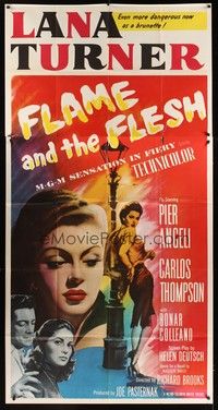 5p498 FLAME & THE FLESH 3sh '54 artwork of sexy brunette bad girl Lana Turner, plus Pier Angeli!