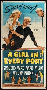 5p511 GIRL IN EVERY PORT 3sh '52 artwork of wacky sailor Groucho Marx & sexy Marie Wilson!
