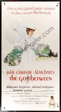 5p513 GO BETWEEN 3sh '71 artwork of Julie Christie with umbrella, directed by Joseph Losey!