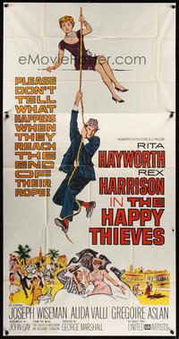 5p523 HAPPY THIEVES 3sh '62 cool artwork of Rita Hayworth & Rex Harrison climbing rope!