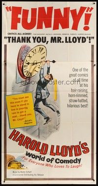 5p524 HAROLD LLOYD'S WORLD OF COMEDY 3sh '62 classic image hanging from clock from Safety Last!
