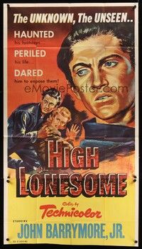 5p529 HIGH LONESOME 3sh '50 cool full-length art of John Barrymore Jr. & pretty girl!
