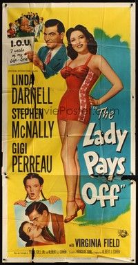 5p561 LADY PAYS OFF 3sh '51 full-length sexy Linda Darnell in tiny red dress gambles & loses!