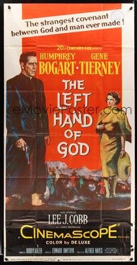 5p571 LEFT HAND OF GOD 3sh '55 artwork of priest Humphrey Bogart holding gun + Gene Tierney!