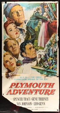 5p634 PLYMOUTH ADVENTURE 3sh '52 Spencer Tracy, Gene Tierney, cool montage art of top stars!