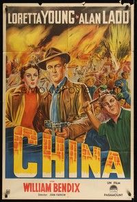 5p298 CHINA Argentinean '43 artwork of Alan Ladd & Loretta Young in front of battlefield!