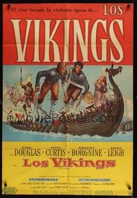 5p385 VIKINGS Argentinean '58 art of Kirk Douglas, Tony Curtis & sexy Janet Leigh on long ship!
