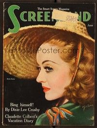 5r142 SCREENLAND magazine June 1938 art of Bette Davis wearing cool hat by Marland Stone!