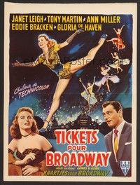 5s488 TWO TICKETS TO BROADWAY Belgian '51 Janet Leigh, Tony Martin, Howard Hughes!