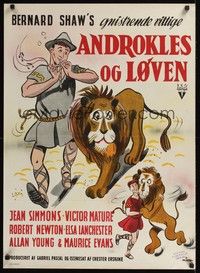 5s614 ANDROCLES & THE LION Danish '55 Victor Mature, wacky Munch artwork of lion tamer!