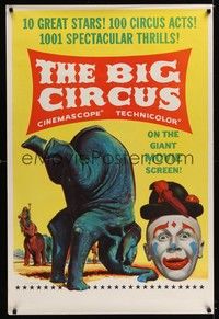 5t201 BIG CIRCUS teaser 1sh '59 David Nelson, Kathryn Grant, art of clown & elephant!