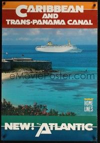 5t052 CARIBBEAN & TRANS-PANAMA CANAL travel poster 80s cool image of cruise ship!
