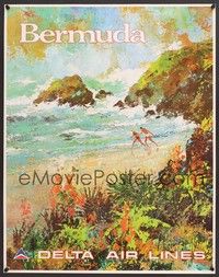 5t055 DELTA AIRLINES: BERMUDA travel poster '70s Jack Laycox artwork of the beach!