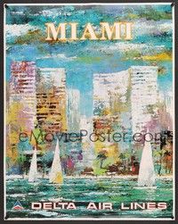 5t056 DELTA AIRLINES: MIAMI travel poster '75 Jack Laycox art of downtown Miami!